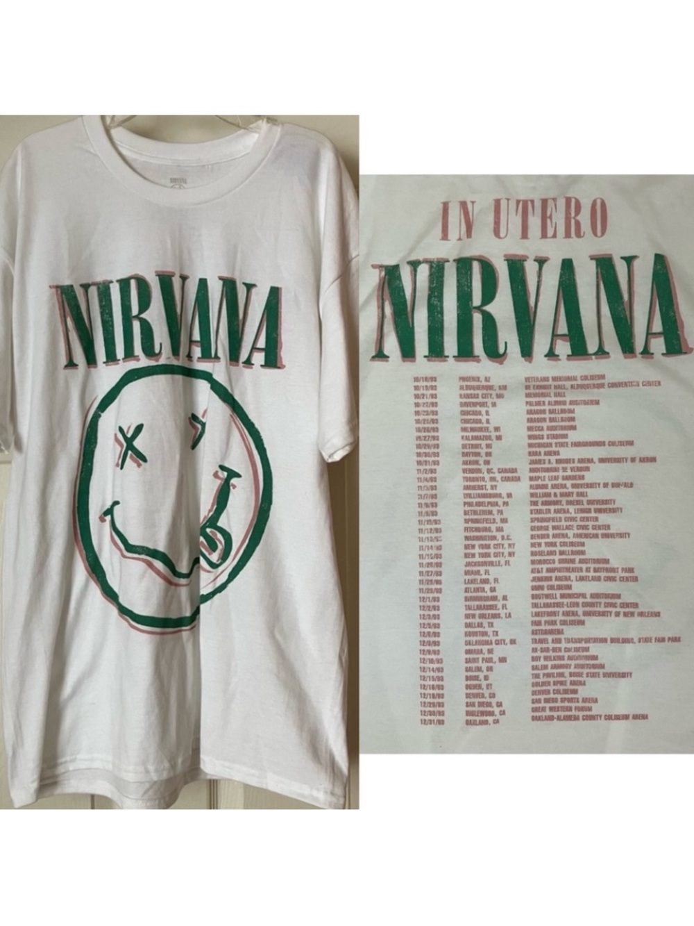 NIRVANA 1993 Tour Dates In Utero Smiley Face Logo T-Shirt Large NEW NWOT
